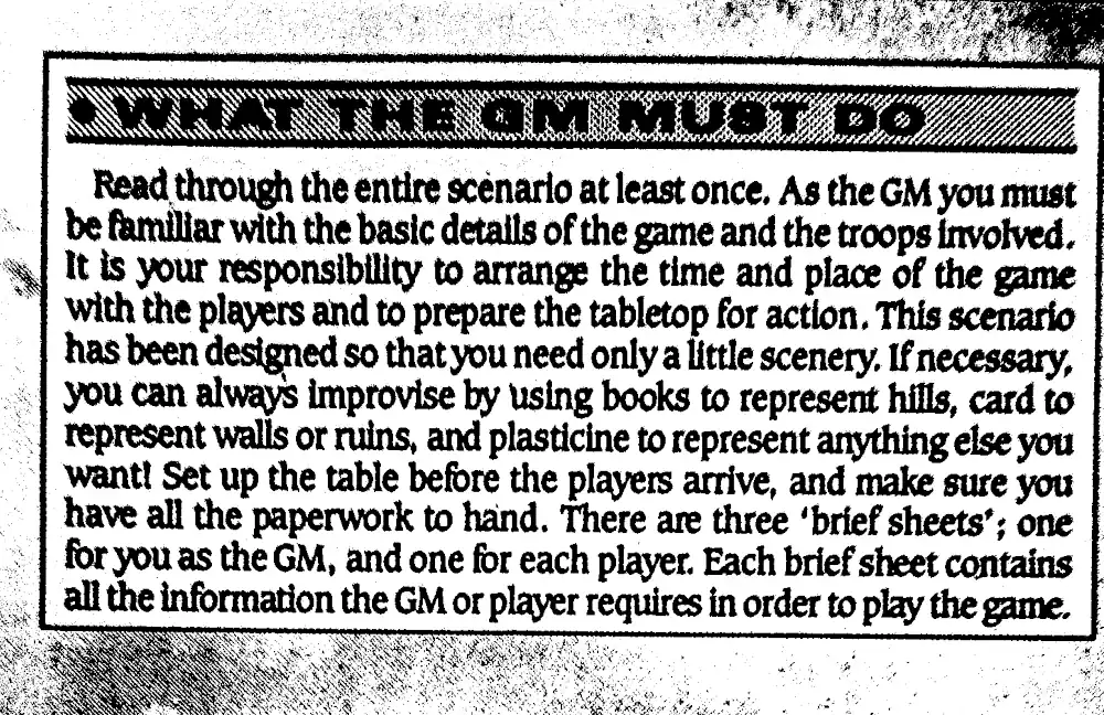 Text from the original rulebook that tells the GM to arrange a time and place for the game, and to set up the game table with terrain.