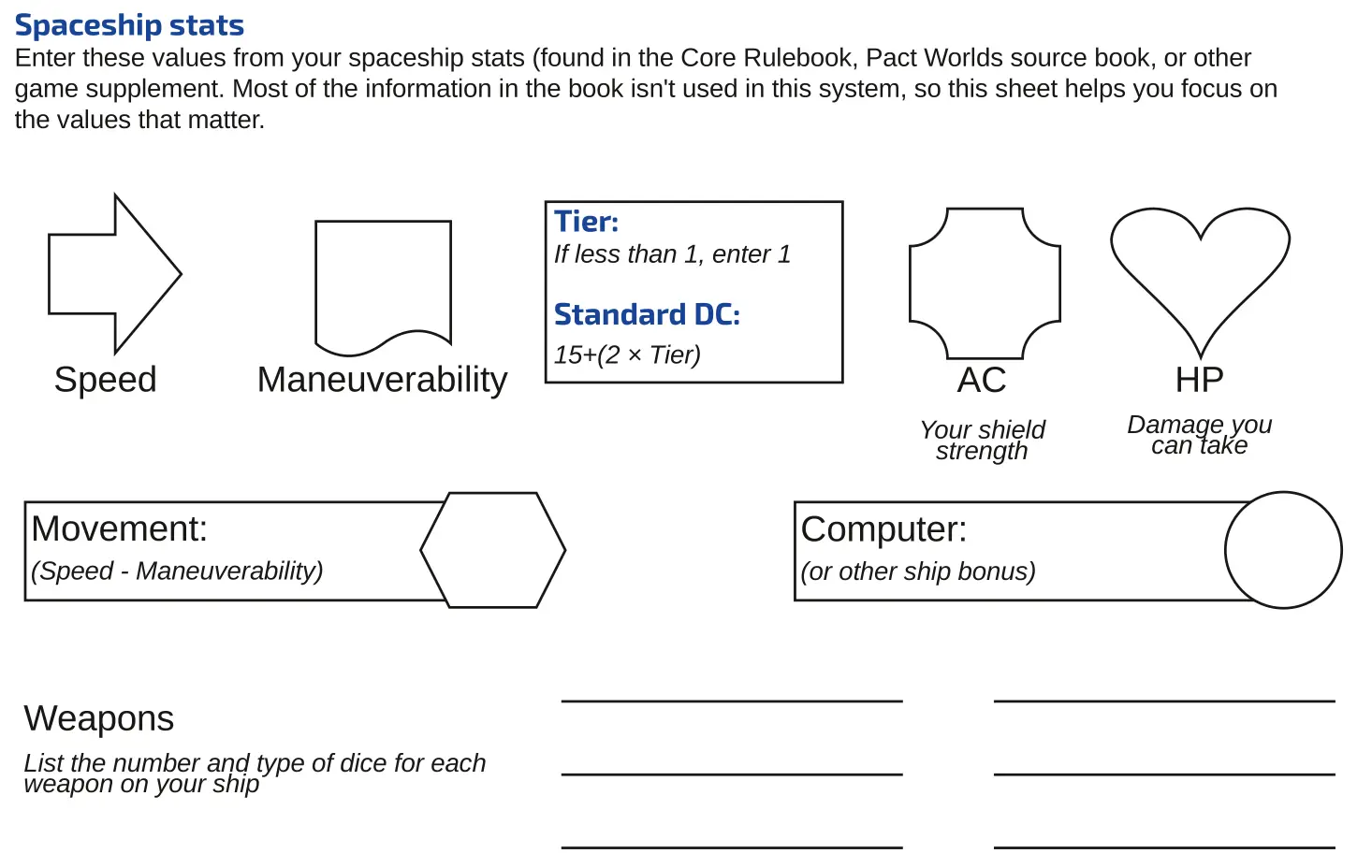 Half-page ship stat sheet