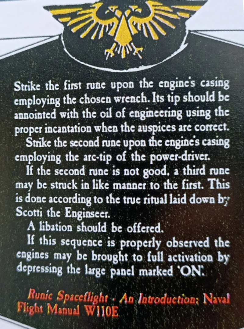 An excerpt from a fictional tech manual about how to activate an engine, with a citation of an engineer named Scotti.